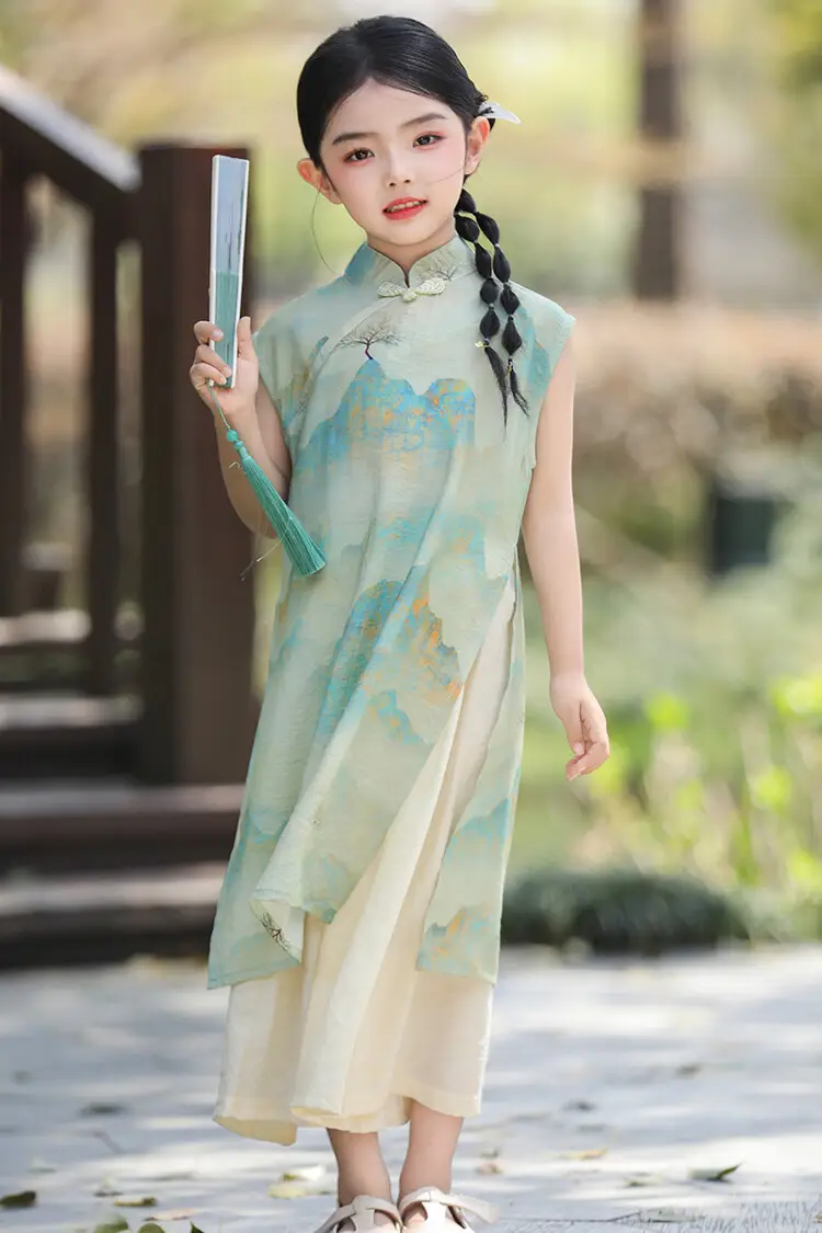 Girls Chinese Style Mountain River Figure Dress with Buckle — feature 20