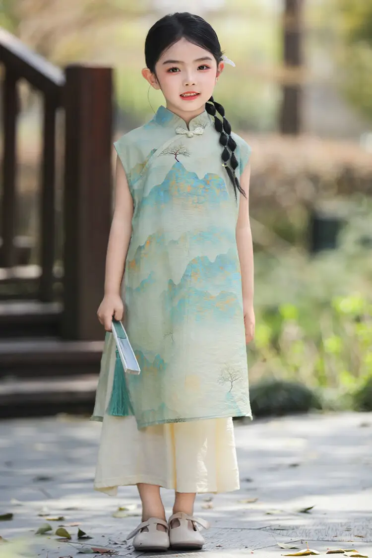 Girls Chinese Style Mountain River Figure Dress with Buckle — feature 21