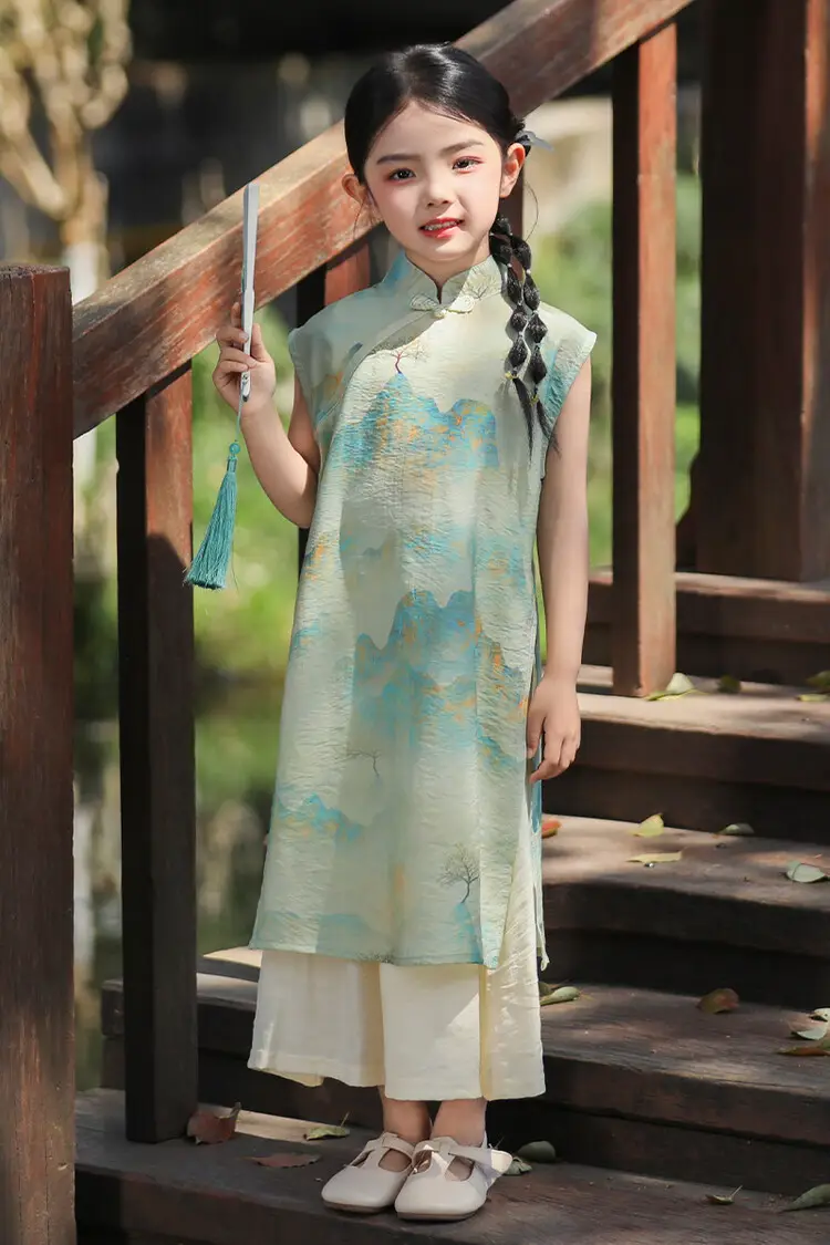 Girls Chinese Style Mountain River Figure Dress with Buckle — feature 22