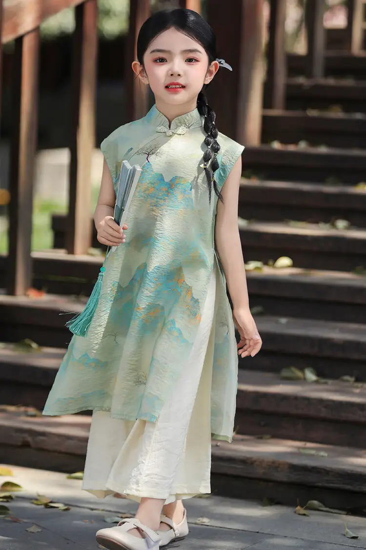 Girls Chinese Style Mountain River Figure Dress with Buckle — feature 23