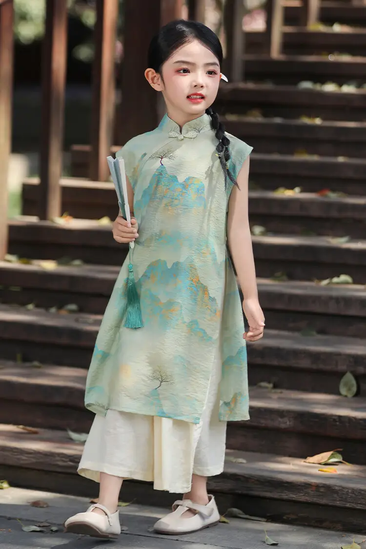 Girls Chinese Style Mountain River Figure Dress with Buckle — feature 24