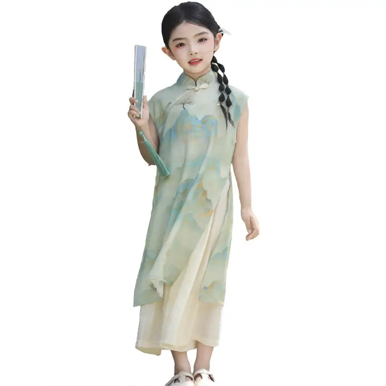 Girls Chinese Style Mountain River Figure Dress with Buckle — feature 25