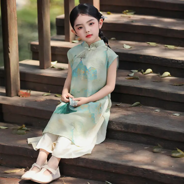 Girls Chinese Style Mountain River Figure Dress with Buckle — feature 31