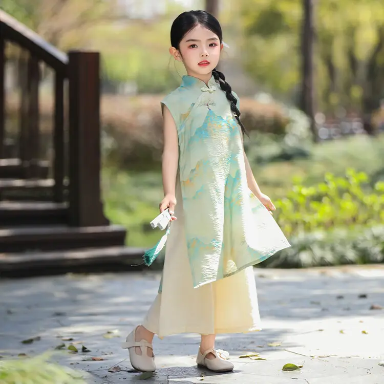 Girls Chinese Style Mountain River Figure Dress with Buckle — feature 34