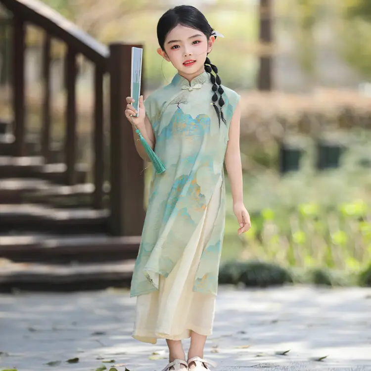 Girls Chinese Style Mountain River Figure Dress with Buckle — feature 35