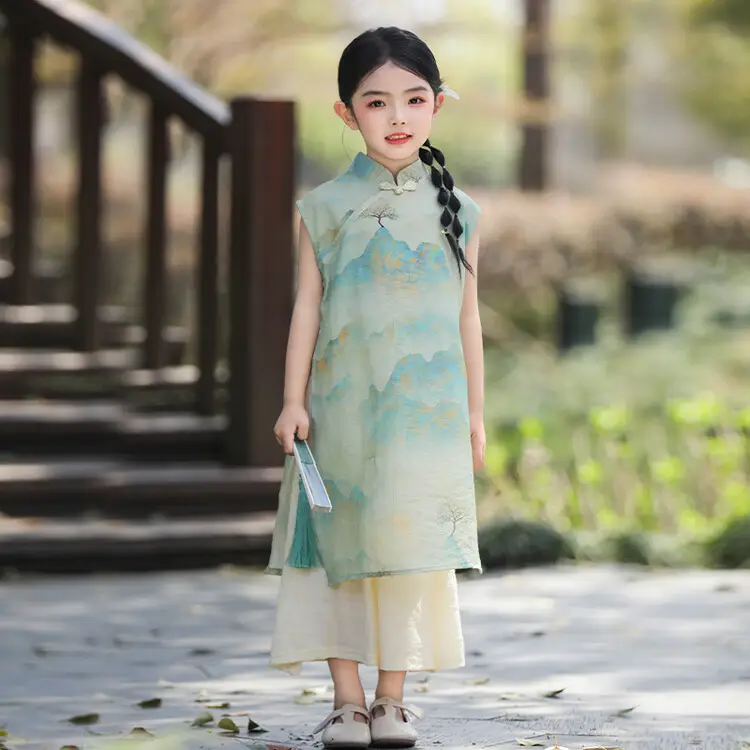 Girls Chinese Style Mountain River Figure Dress with Buckle — feature 36