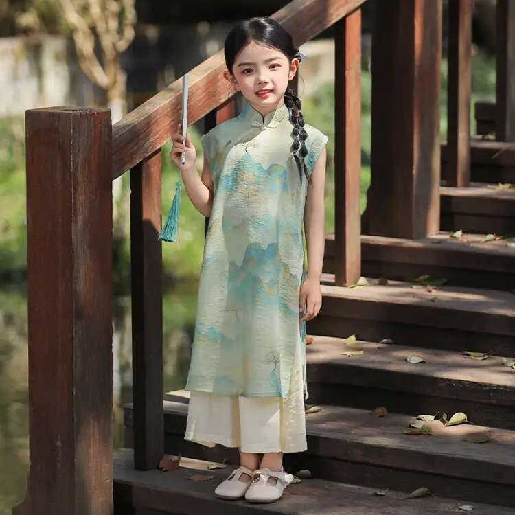 Girls Chinese Style Mountain River Figure Dress with Buckle — feature 37