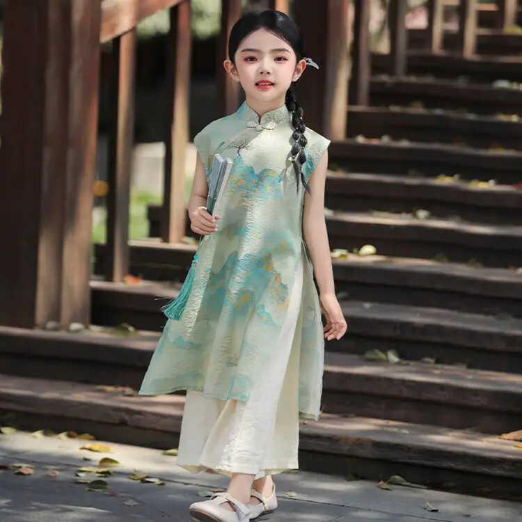 Girls Chinese Style Mountain River Figure Dress with Buckle — feature 38