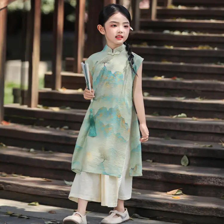 Girls Chinese Style Mountain River Figure Dress with Buckle — feature 39