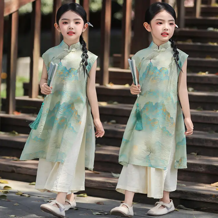 Girls Chinese Style Mountain River Figure Dress with Buckle — feature 4