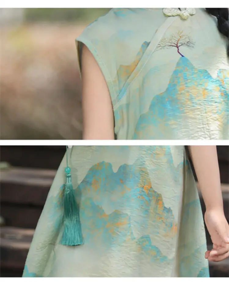 Girls Chinese Style Mountain River Figure Dress with Buckle — feature 42