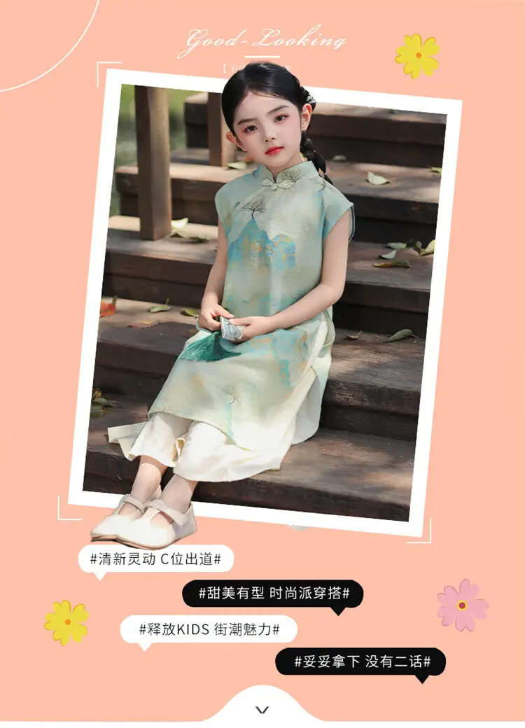 Girls Chinese Style Mountain River Figure Dress with Buckle — feature 45