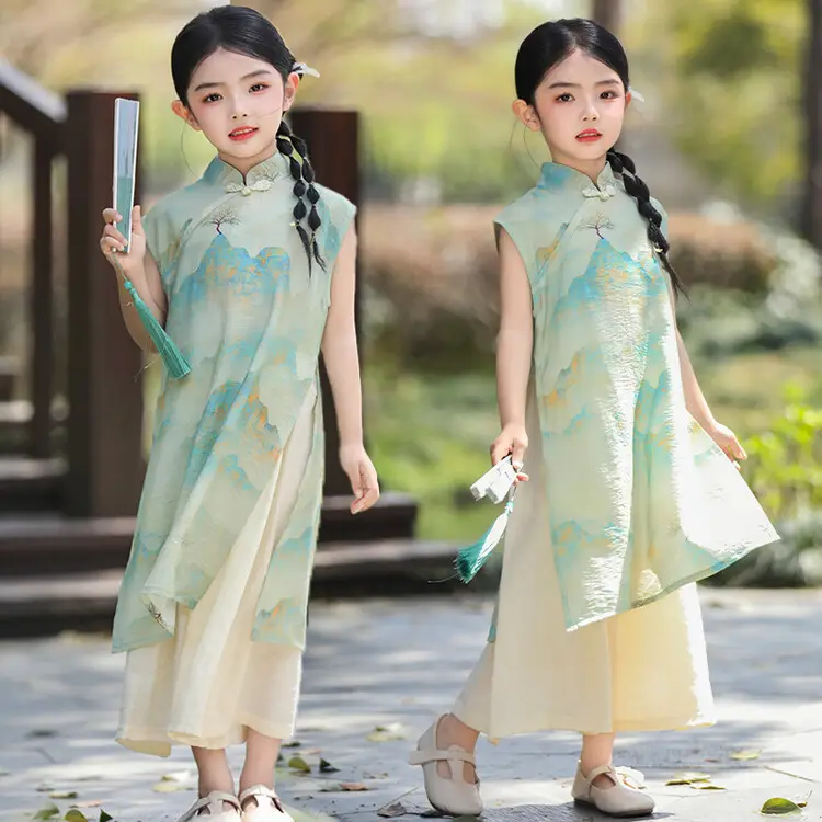 Girls Chinese Style Mountain River Figure Dress with Buckle — feature 5