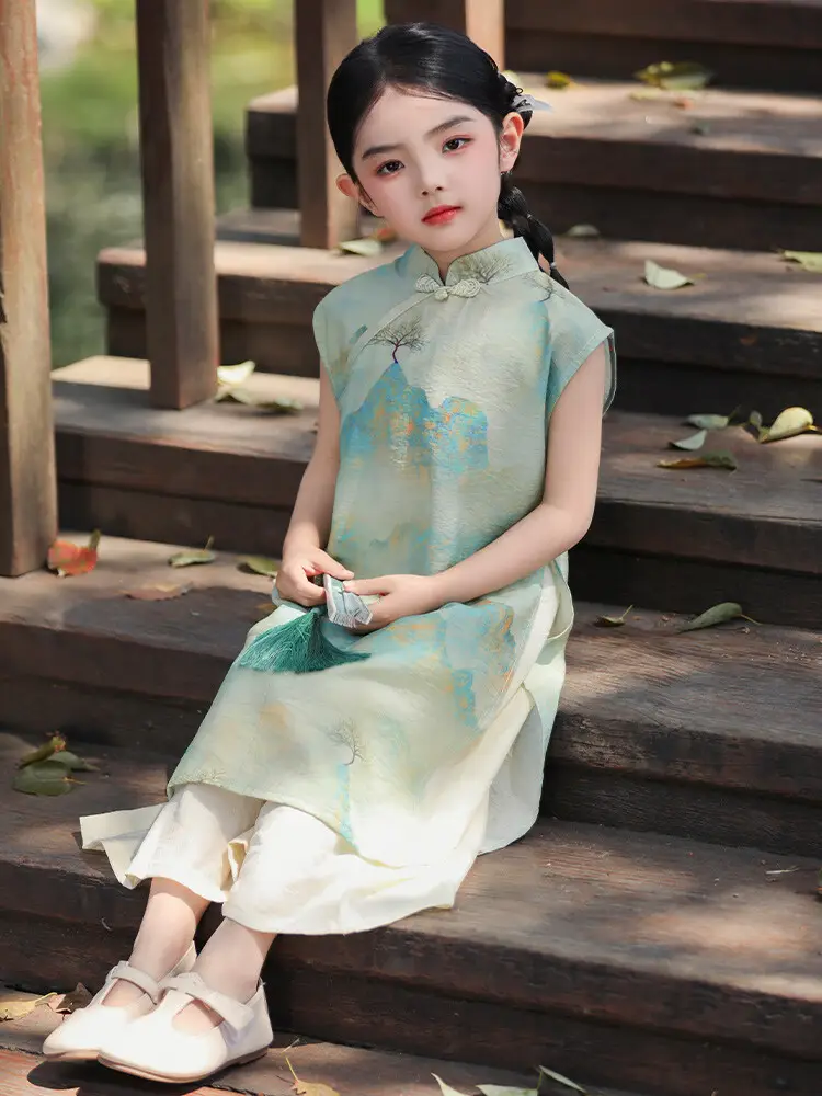Girls Chinese Style Mountain River Figure Dress with Buckle — feature 6