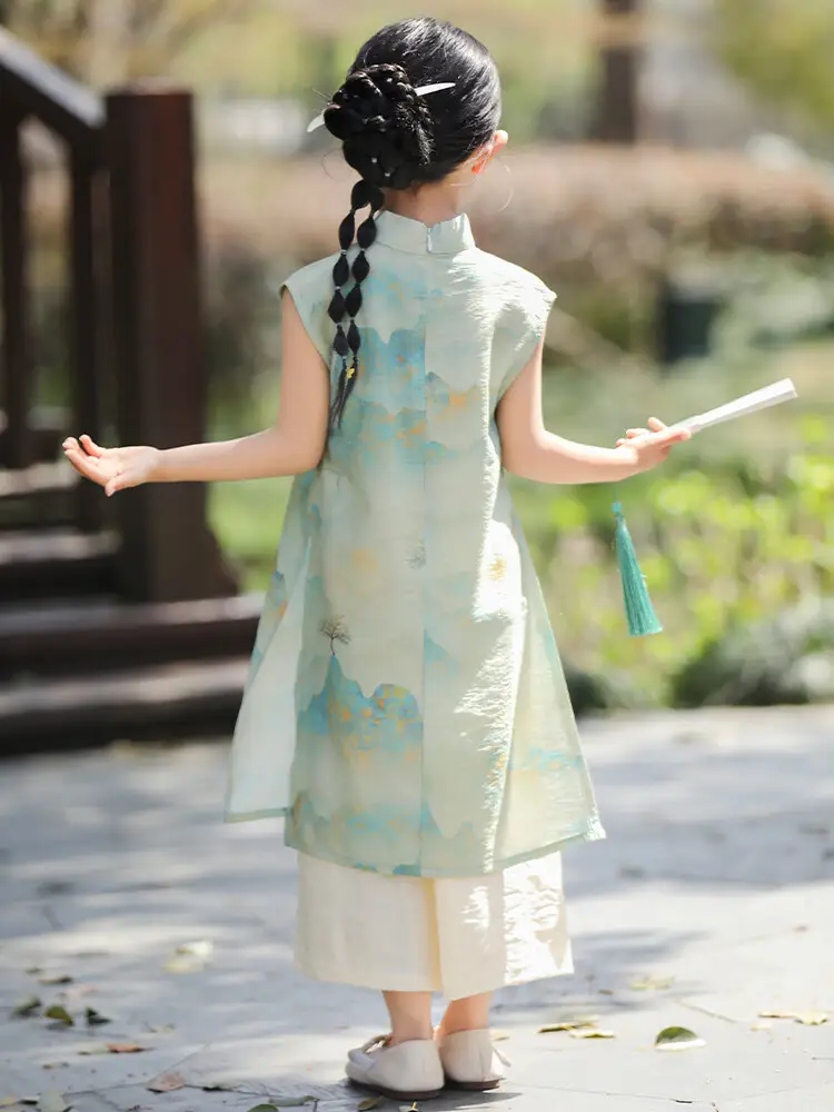 Girls Chinese Style Mountain River Figure Dress with Buckle — feature 8