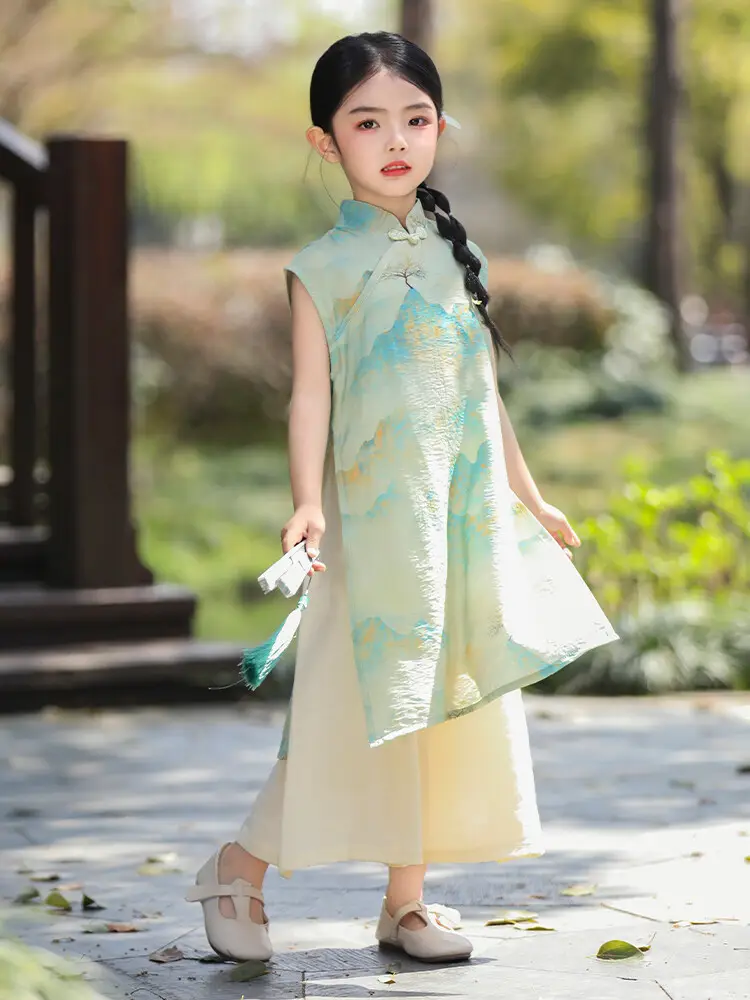Girls Chinese Style Mountain River Figure Dress with Buckle — feature 9