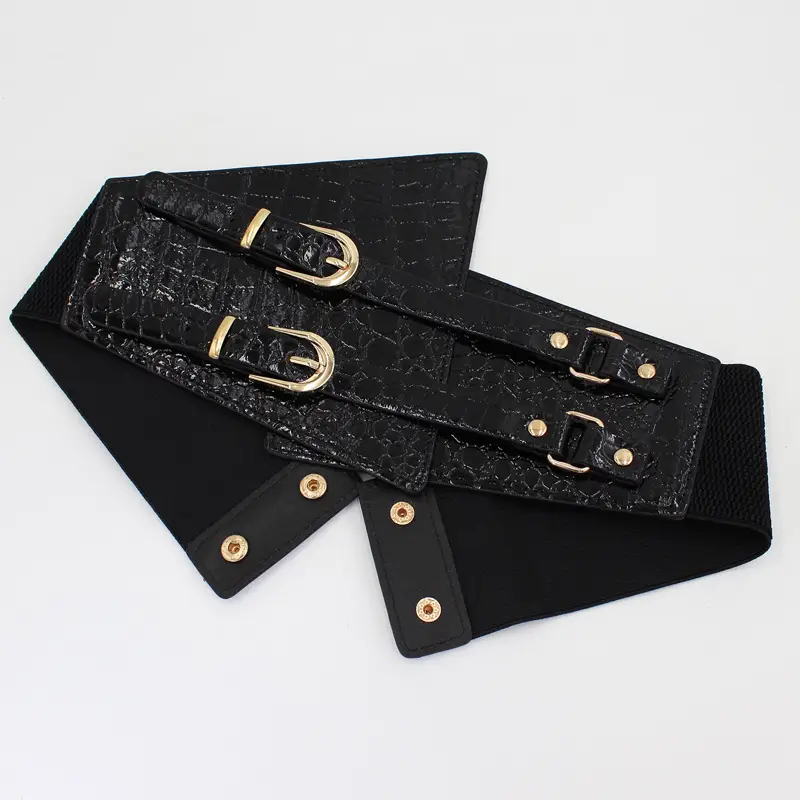 Red Stone Pattern Double Pin Buckle Wide Waist Belt - Image 4