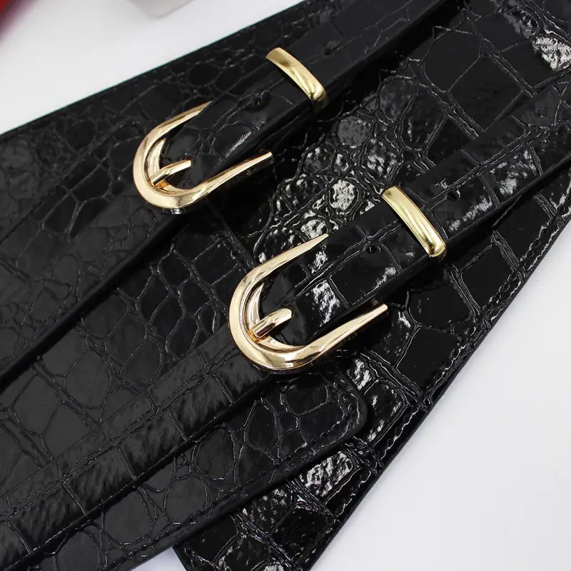 Red Stone Pattern Double Pin Buckle Wide Waist Belt - Image 5