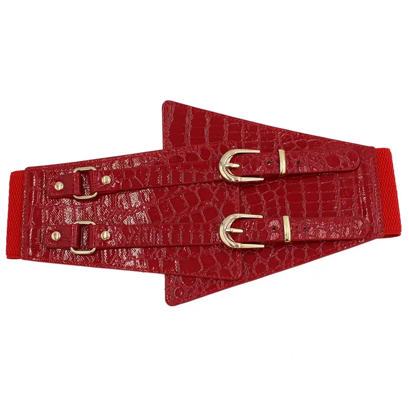 Red Stone Pattern Double Pin Buckle Wide Waist Belt - Image 2
