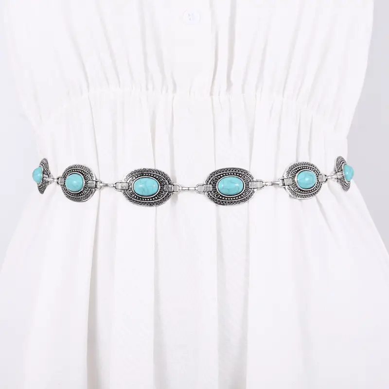 Vintage Silver Metal Waist Chain with Turquoise Stones - Image 6