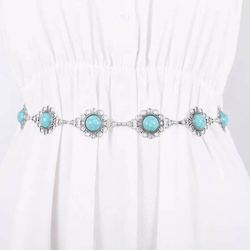 Vintage Silver Metal Waist Chain with Turquoise Stones - Image 7