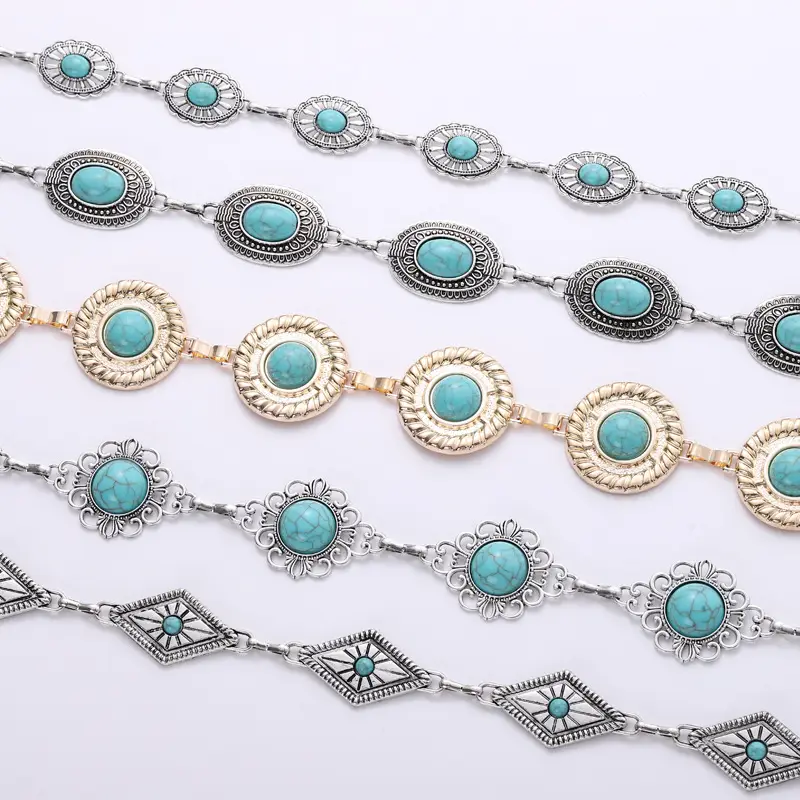 Vintage Silver Metal Waist Chain with Turquoise Stones - Image 8
