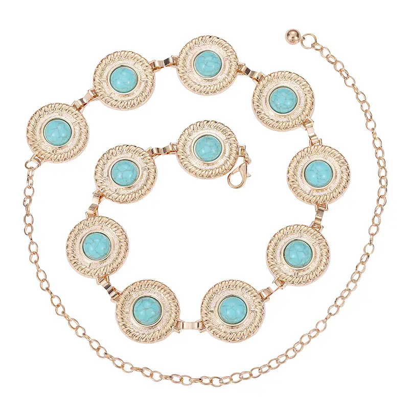 Vintage Silver Metal Waist Chain with Turquoise Stones - Image 10