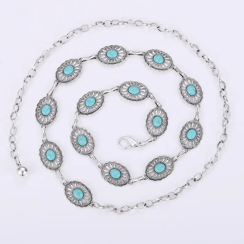 Vintage Silver Metal Waist Chain with Turquoise Stones - Image 2