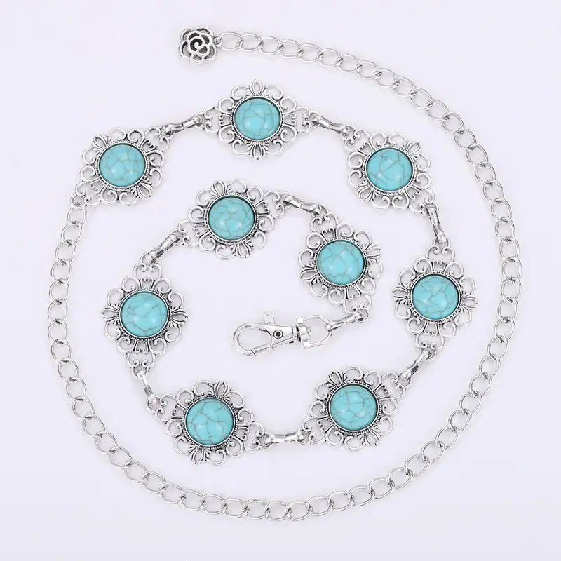 Vintage Silver Metal Waist Chain with Turquoise Stones - Image 3