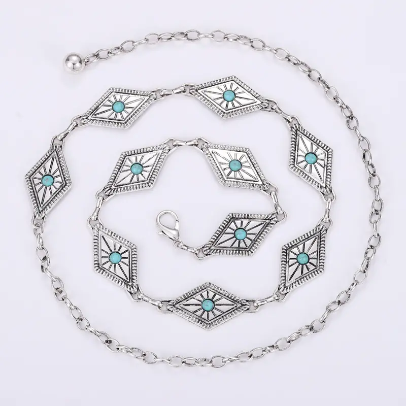 Vintage Silver Metal Waist Chain with Turquoise Stones - Image 4