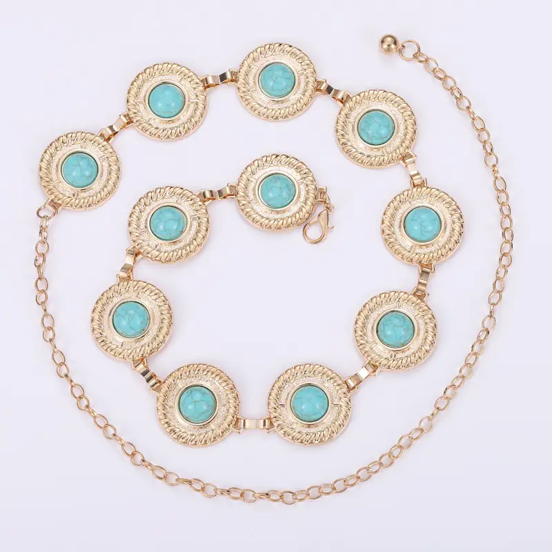 Vintage Silver Metal Waist Chain with Turquoise Stones - Image 5
