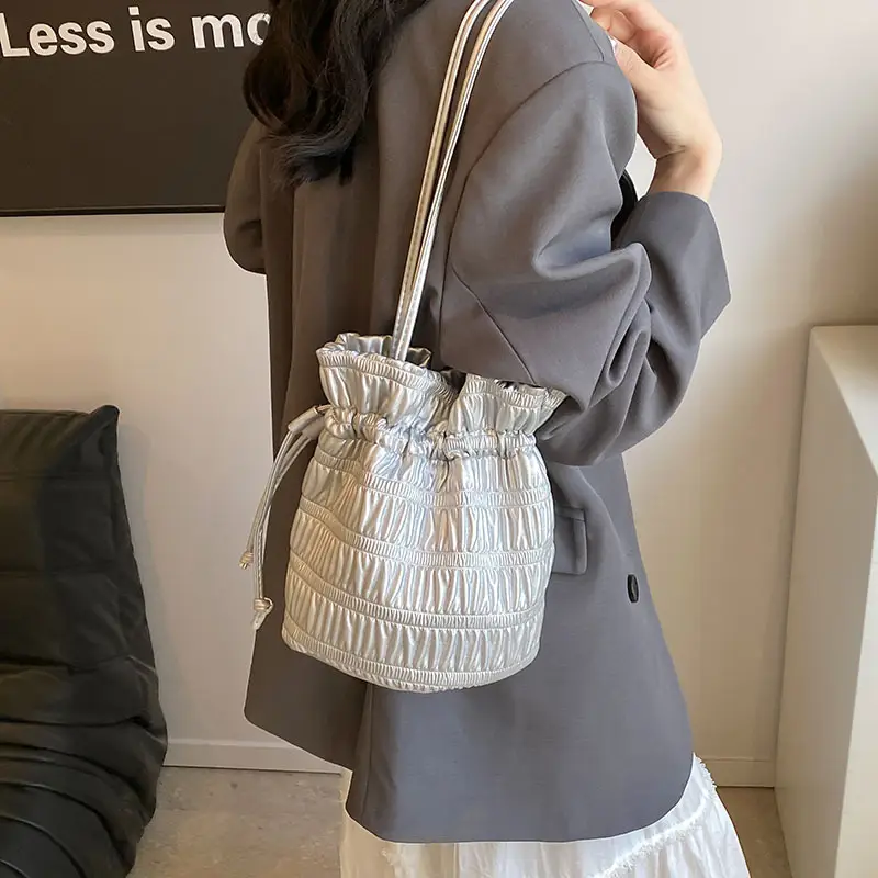 Silver Drawstring Bucket Bag for Women - Image 2
