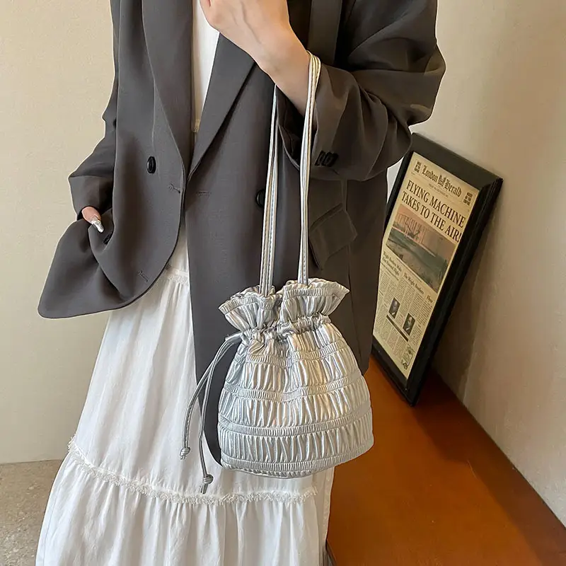 Silver Drawstring Bucket Bag for Women - Image 3