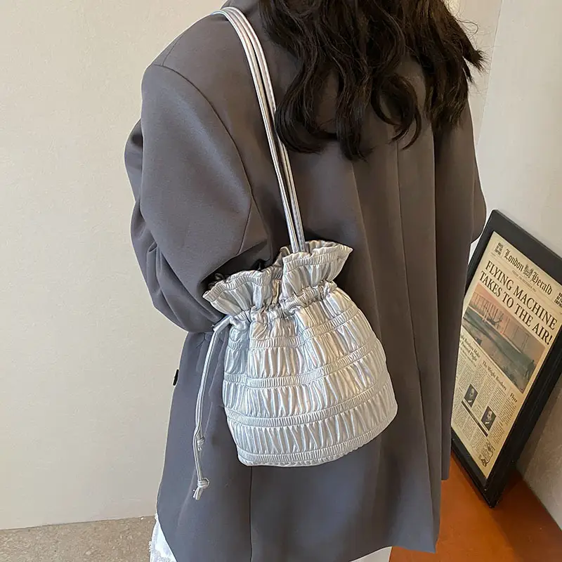 Silver Drawstring Bucket Bag for Women - Image 4