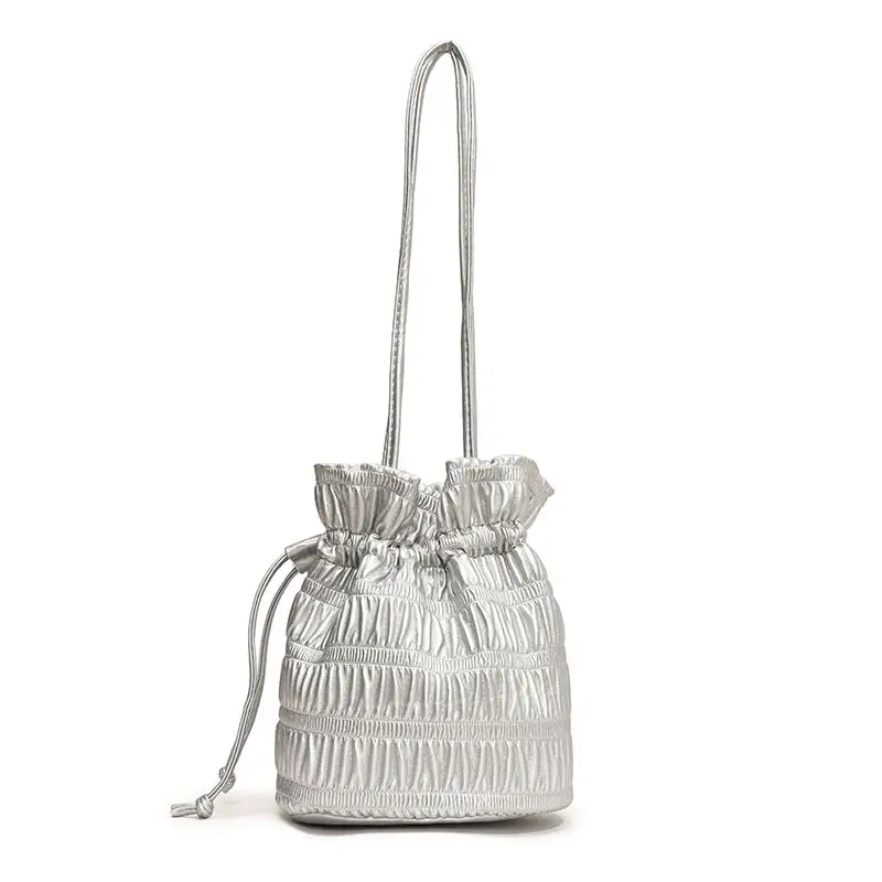 Silver Drawstring Bucket Bag for Women - Image 5