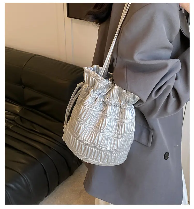 Silver Drawstring Bucket Bag for Women — feature 1
