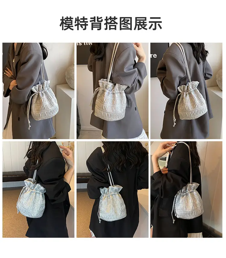 Silver Drawstring Bucket Bag for Women — feature 3