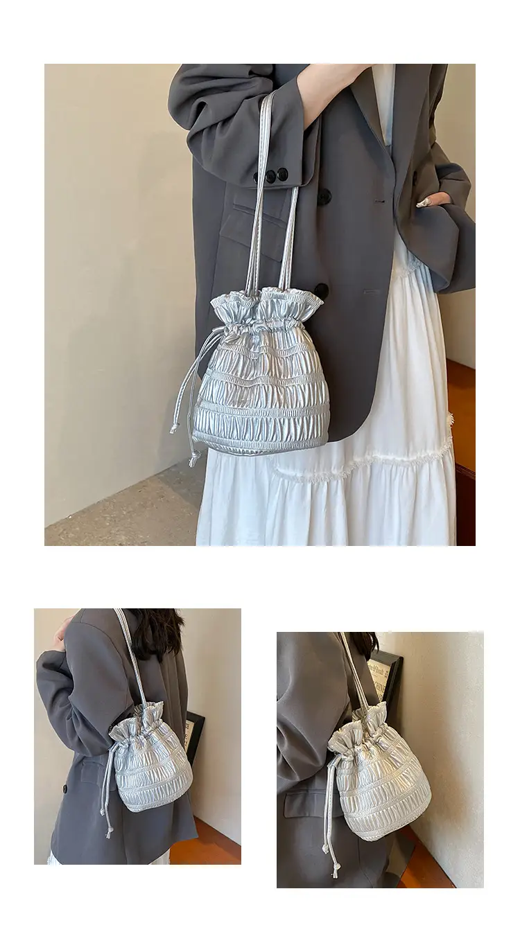 Silver Drawstring Bucket Bag for Women — feature 4