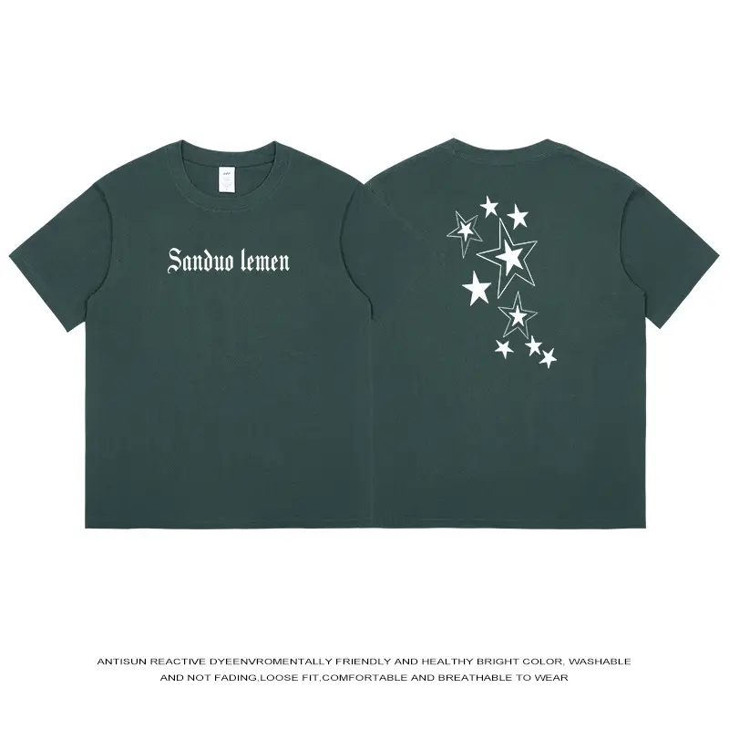 Men's Green Star Print T-Shirt Short Sleeve Cotton - Image 8