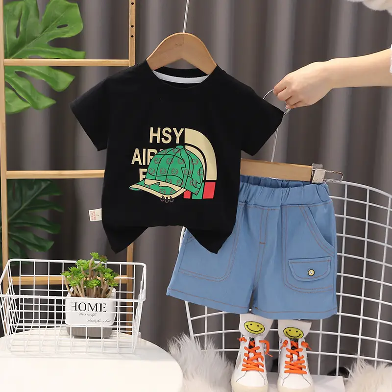 Children's 2Pc Blue Cartoon T-Shirt Shorts Set Summer Casual - Image 2