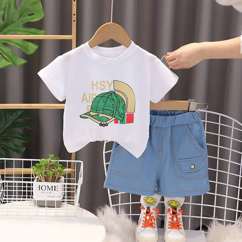 Children's 2Pc Blue Cartoon T-Shirt Shorts Set Summer Casual - Image 3