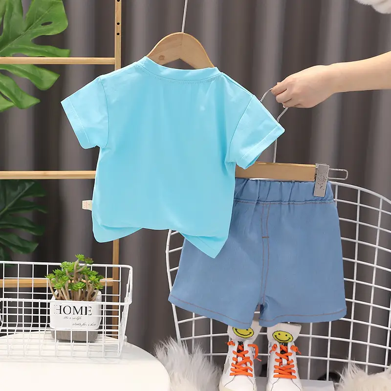 Children's 2Pc Blue Cartoon T-Shirt Shorts Set Summer Casual - Image 5