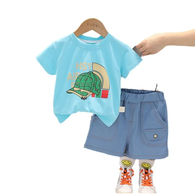 Children's 2Pc Blue Cartoon T-Shirt Shorts Set Summer Casual - Image 6
