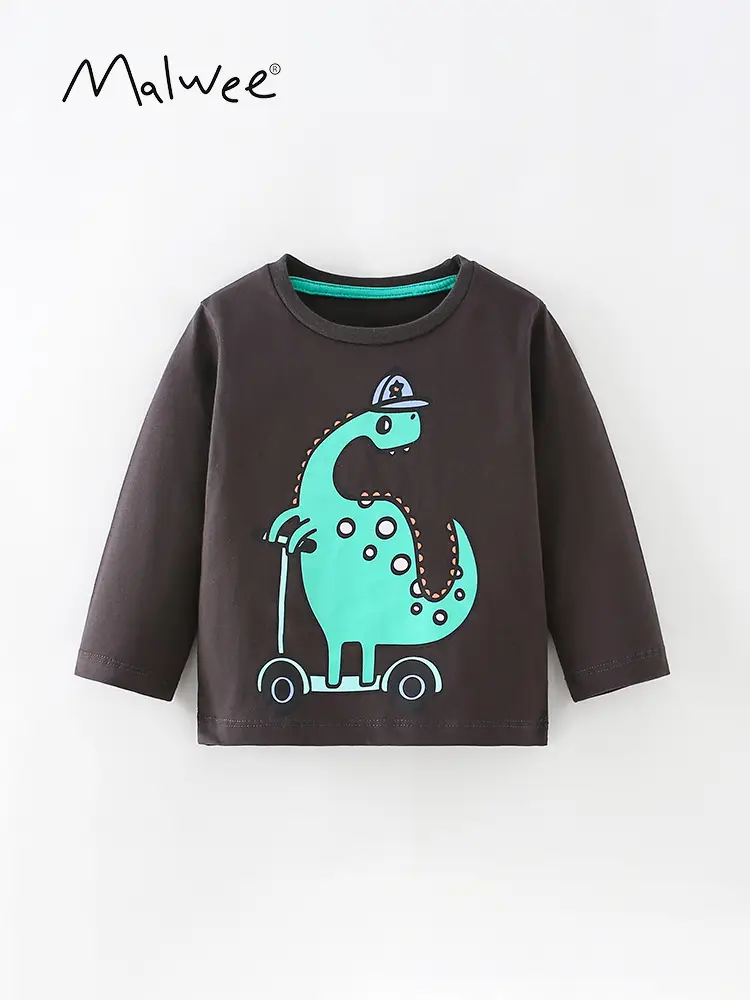 Malwee Boys Dinosaur Long Sleeve T-Shirt Brown - Image 3