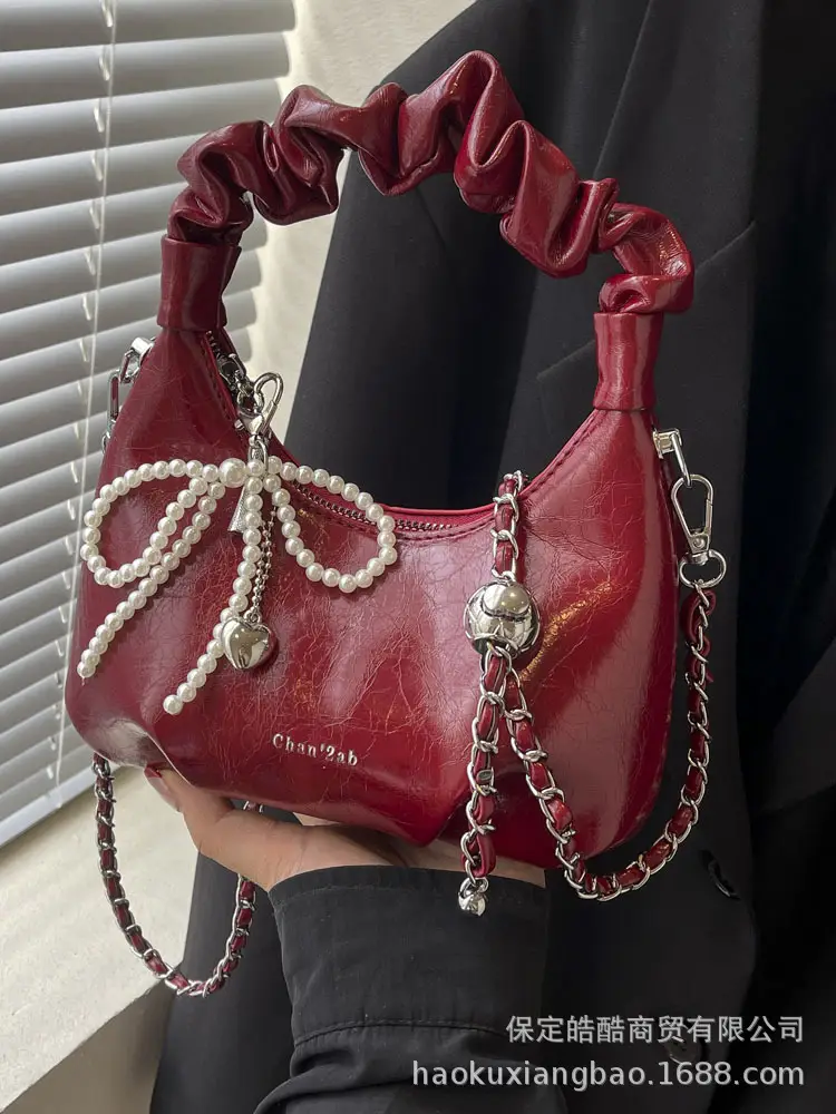 Women's 2024 Trendy Red Pearl Bow Shoulder Bag - Image 6