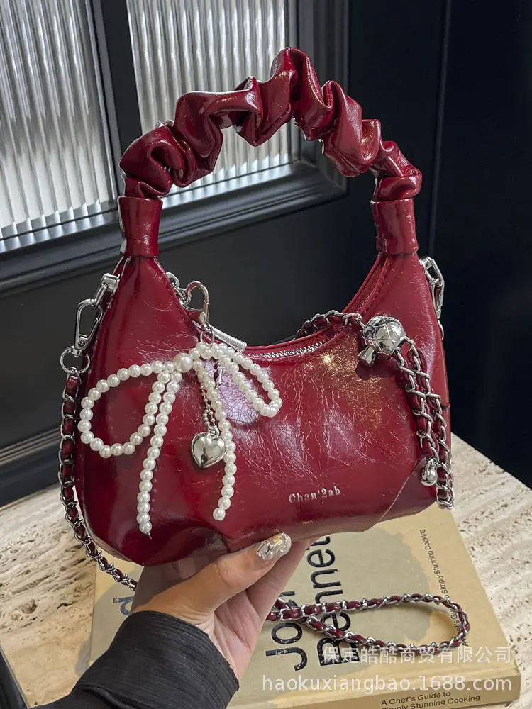 Women's 2024 Trendy Red Pearl Bow Shoulder Bag - Image 8