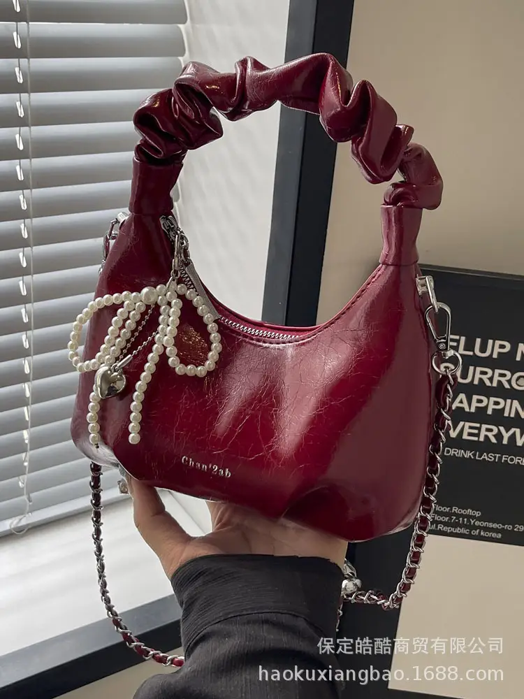 Women's 2024 Trendy Red Pearl Bow Shoulder Bag - Image 9