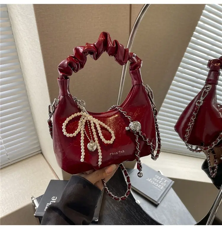 Women's 2024 Trendy Red Pearl Bow Shoulder Bag — feature 16