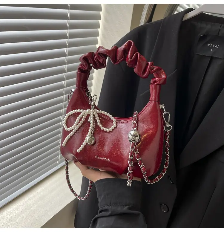 Women's 2024 Trendy Red Pearl Bow Shoulder Bag — feature 22