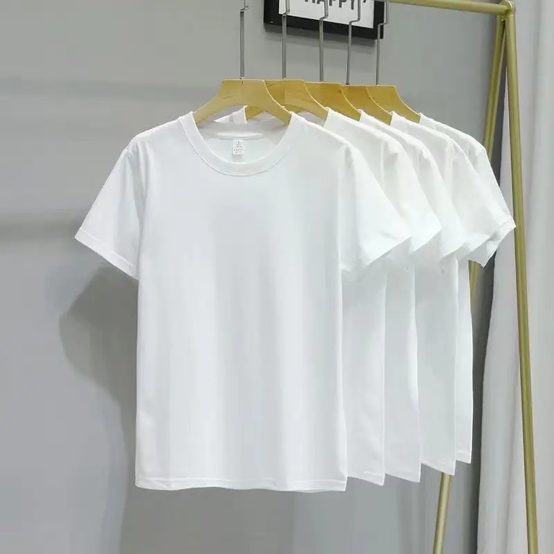 200g cotton small shoulder short sleeve T-shirt men and women with half sleeve solid color black white men's crew neck base generation